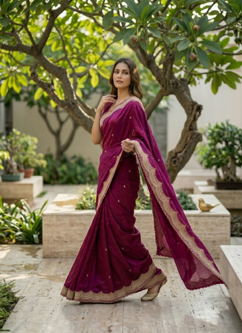 Fendy Satin Silk Saree – Gold Embroidery with Pearl Detailing & Matching Blouse