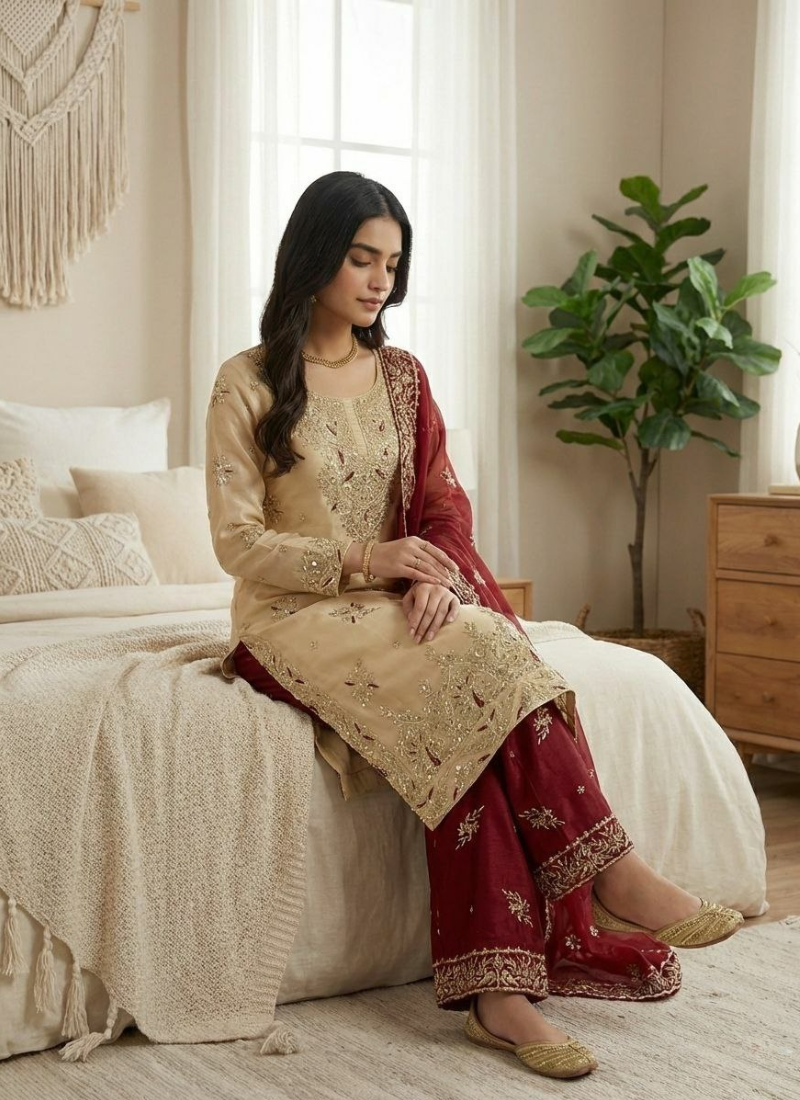 GMY Silk Palazzo Suit with Heavy Sequins Embroidery + Dupatta