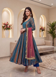 Designer Sindoor Silk Anarkali Gown Set – Mirror Lace with Dupatta & Bottom 6