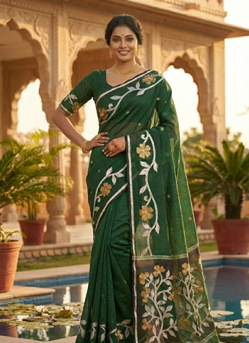Bottle Green Tantuz Saree in Mixed Maslin Fabric