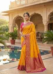 Bright Yellow Katan Silk Saree – Mina Work 6