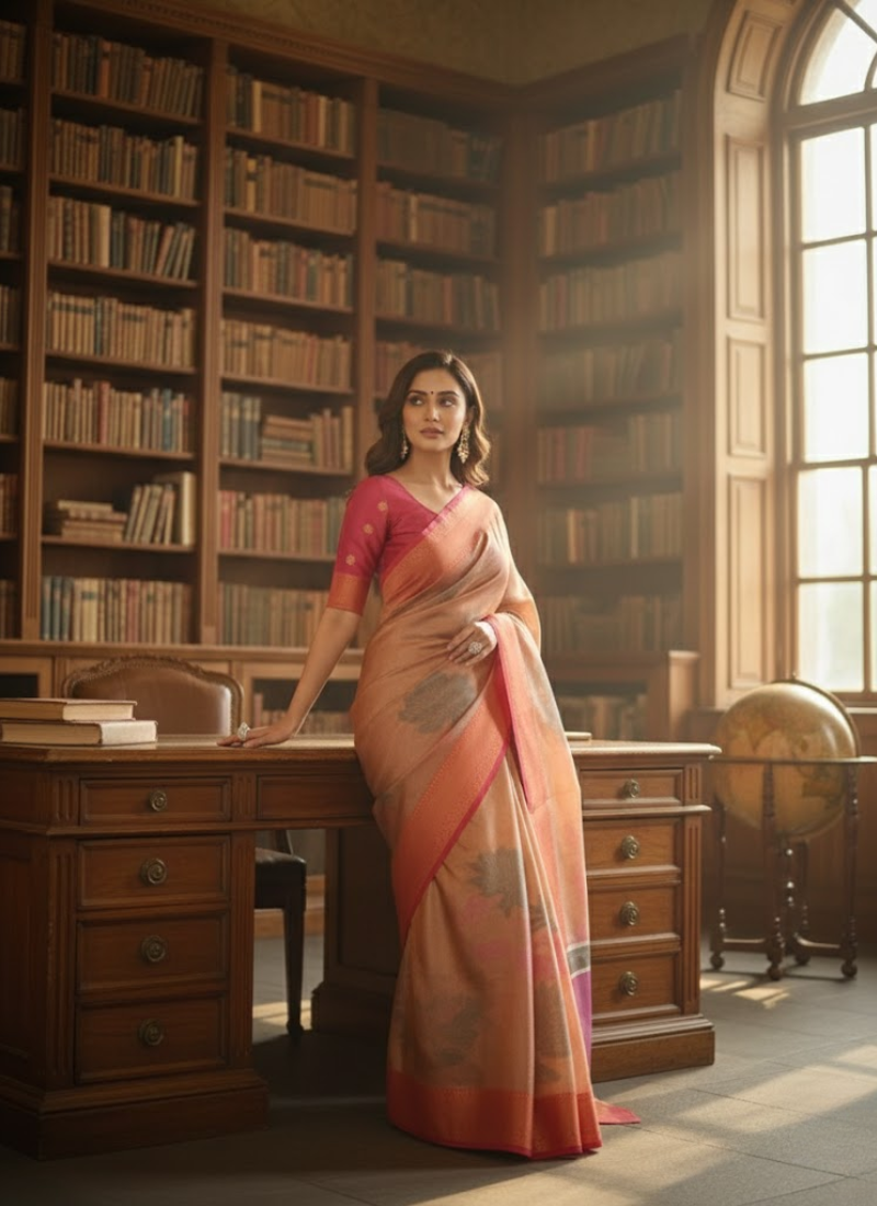 Banarasi Organza Tissue Saree – Rose Gold
