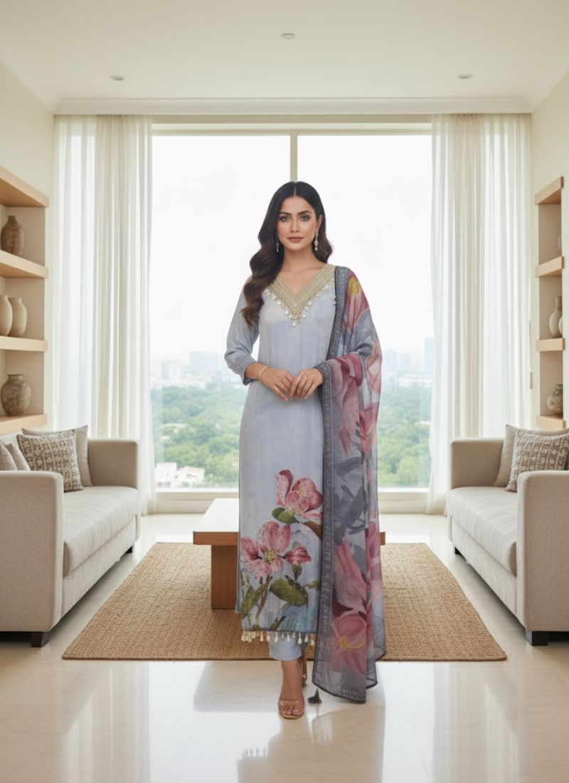 Light Purple Salwar Kameez with Embroidery & Printed Dupatta