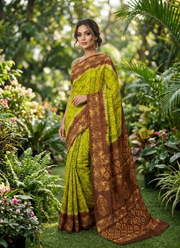 Parrot Green & Yellow Batik Print Saree 5