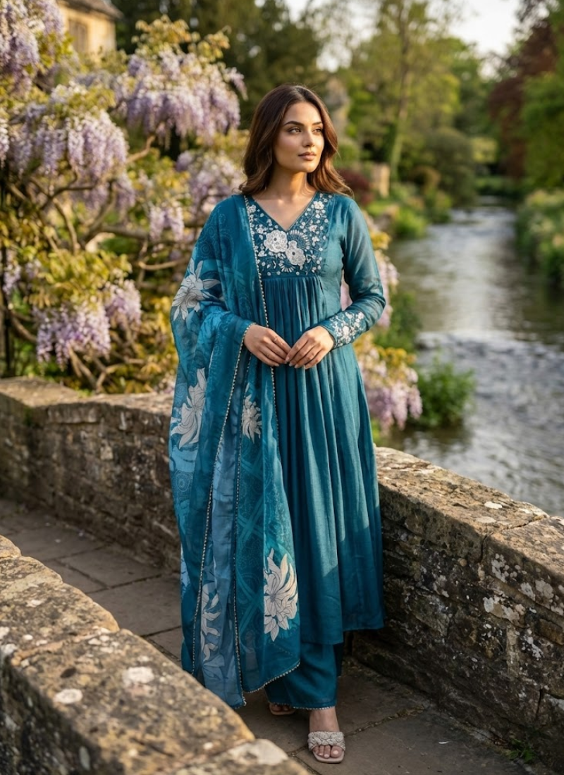 Luxury Vichitra Silk Palazzo Suit with Embroidered Organza Dupatta