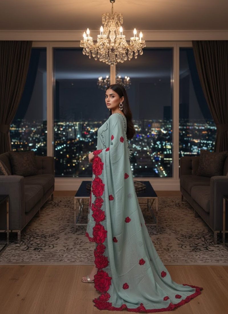 Blue Silk Organza Salwar Kameez with Floral Embroidery Dupatta