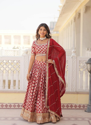 Red Viscose Jacquard Bridal Lehenga Choli with Sequins Embroidery + Georgette Dupatta 5