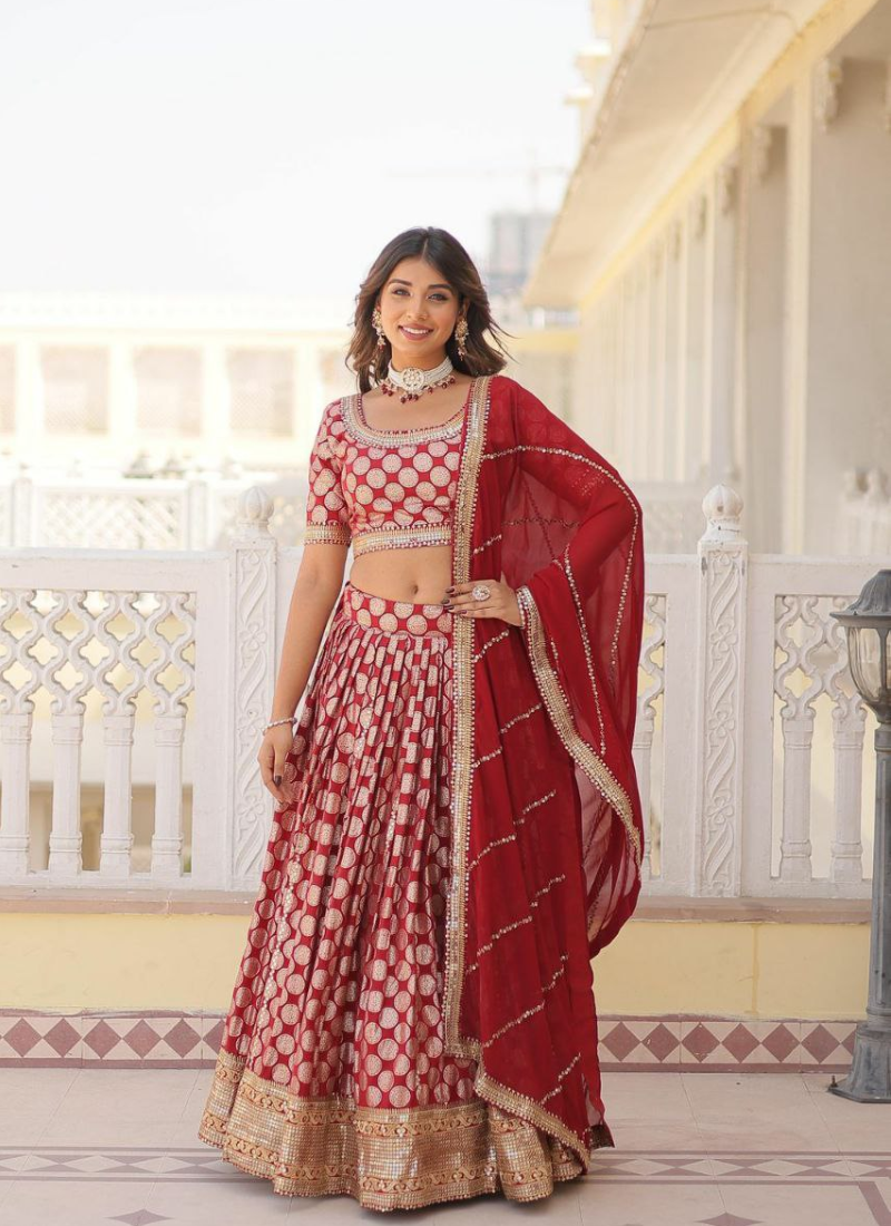 Red Viscose Jacquard Bridal Lehenga Choli with Sequins Embroidery + Georgette Dupatta