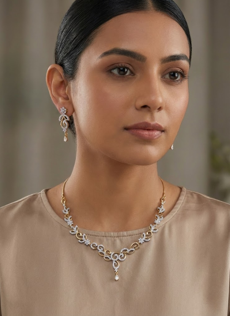 Silver & Gold Necklace Set with Earrings and Diamond Cut Stones