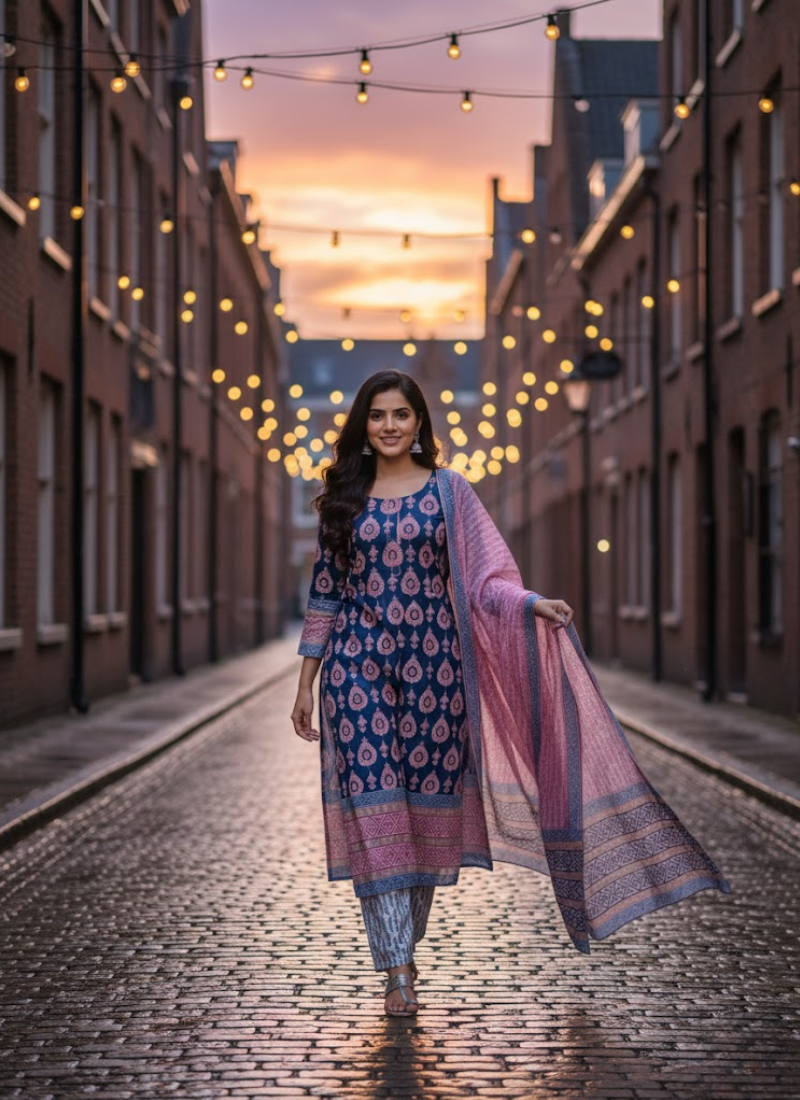 Cotton Block Printed Salwar Suit – Royal Blue & Pink