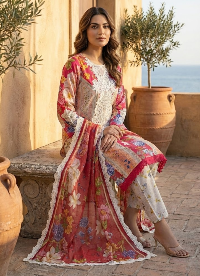 Elegant Pakistani salwar kameez in lawn cotton with chiffon dupatta and lace work on sleeves