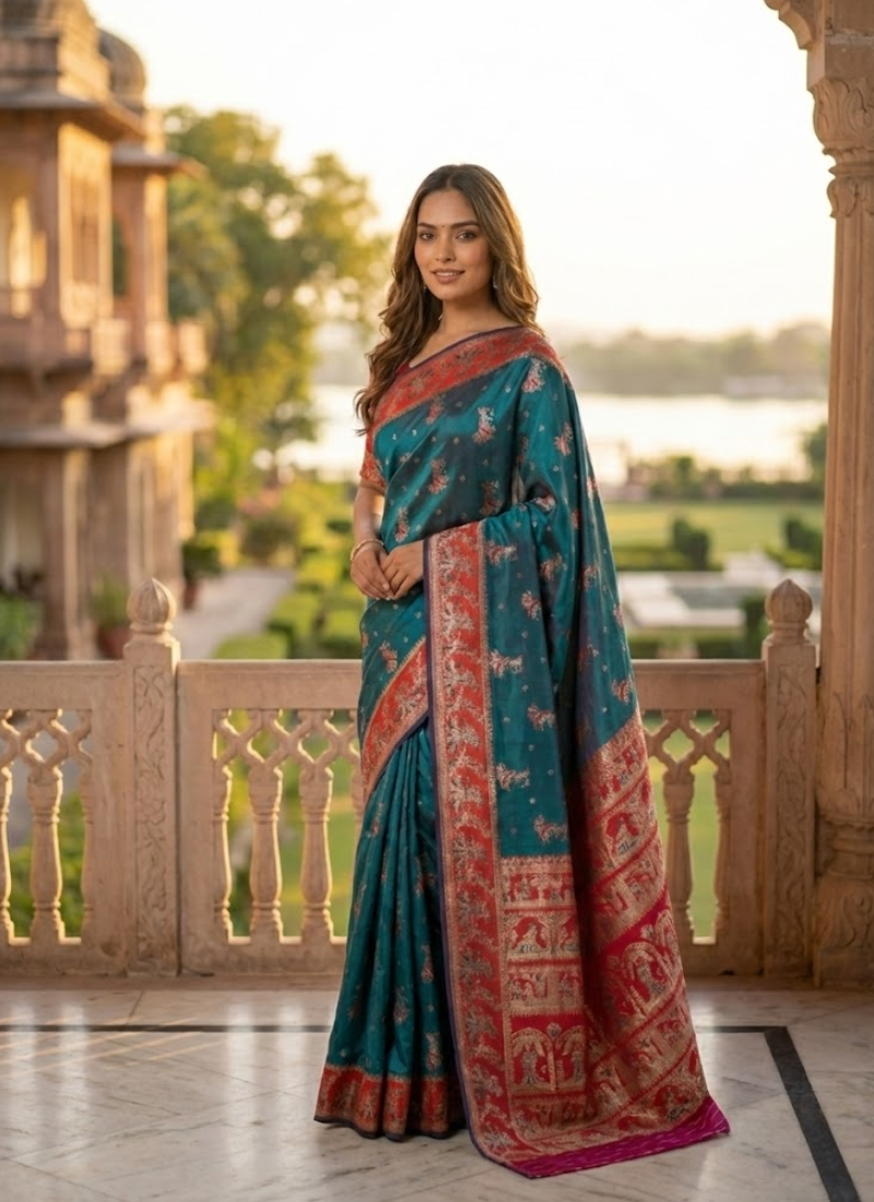 Sharnachura Silk Saree – Sea Green Zari with Blouse Piece