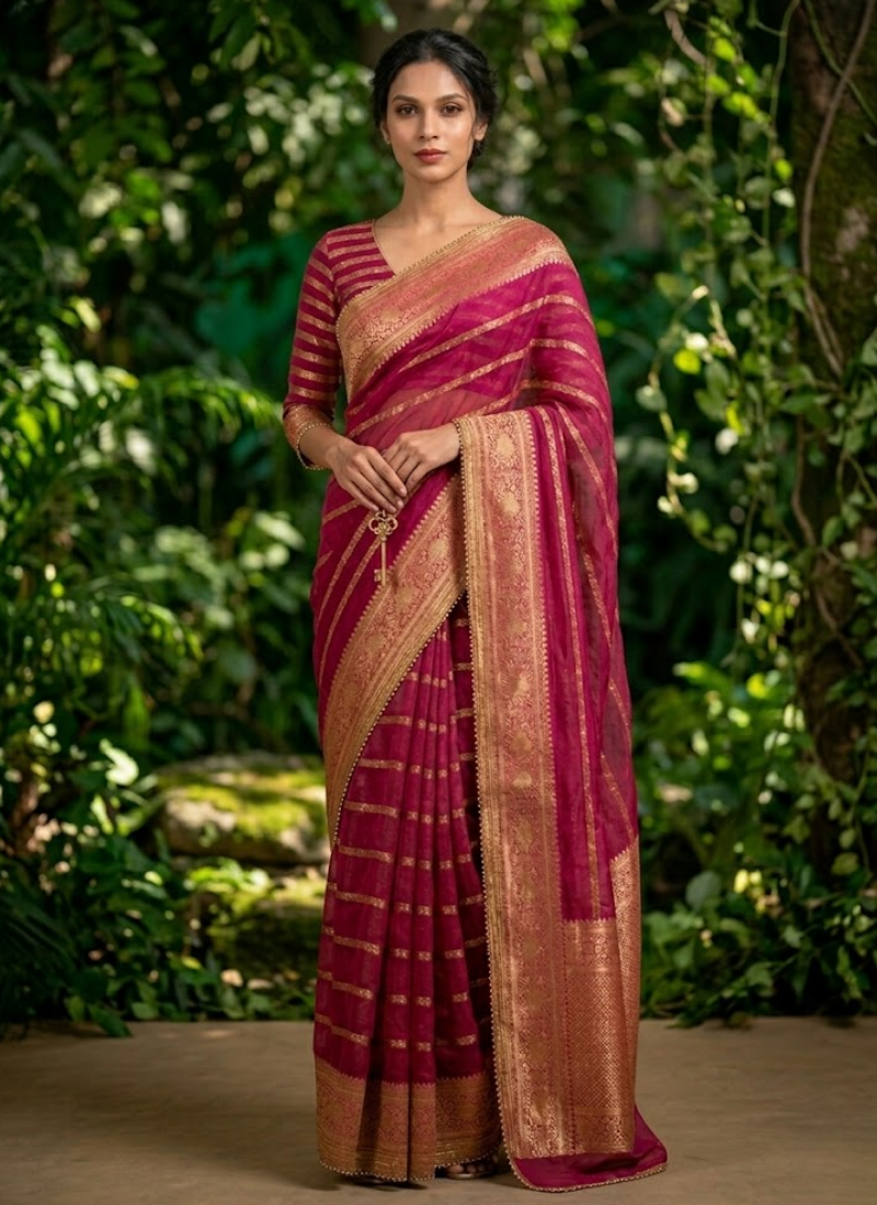 Magenta Banarasi Organza Saree with Blouse Piece