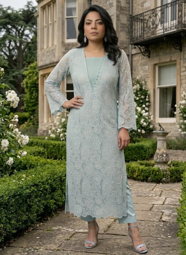 Light Pest Silk Chikankari Co‑Ord Set with Divider Bottom