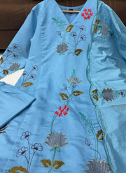 Blue Punjabi Suit in Chanderi Cotton with Embroidery + Dupatta 5