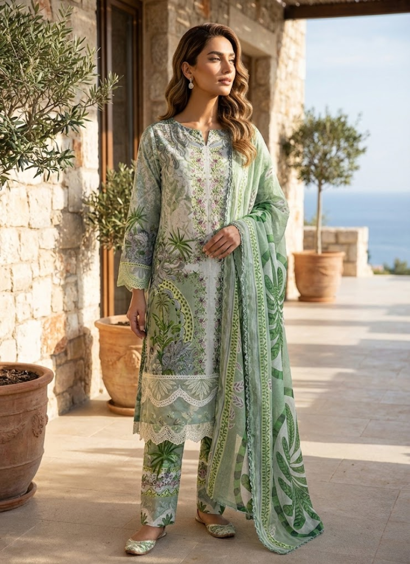 Elegant Pakistani salwar kameez in lawn cotton with chiffon dupatta and lace work on sleeves.