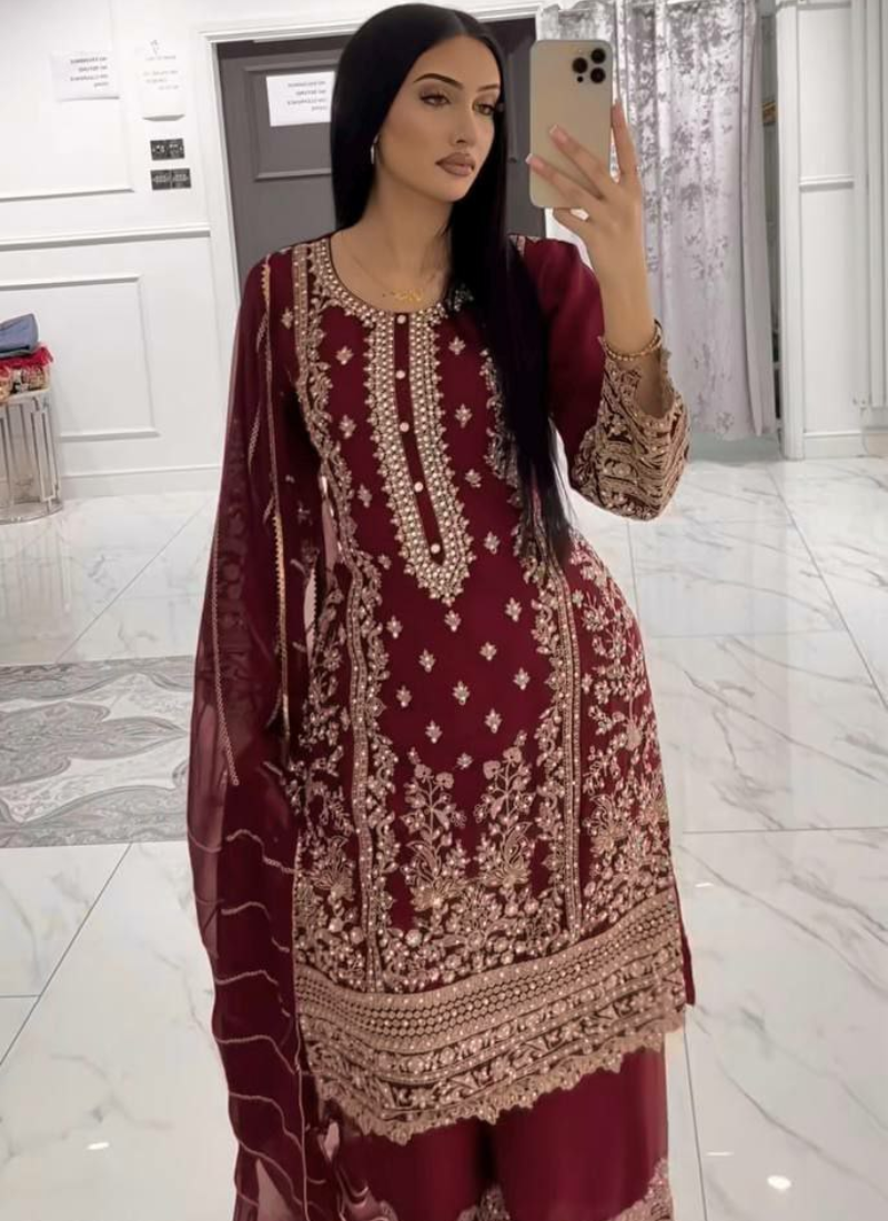 Faux Georgette Palazzo Suit with Sequins Embroidery + Dupatta