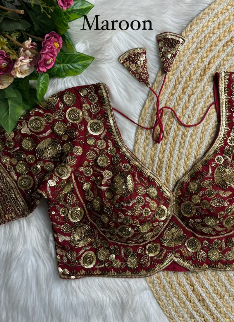 Heavy Roman silk blouse with Jari, sequence and beads work, padded fit, handmade hooks and latkans.