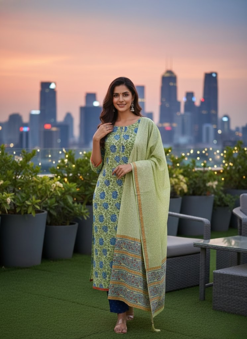 Cotton Block Printed Salwar Suit – Lemon & Blue