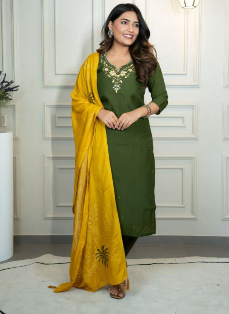 Mahendi Roman Silk Punjabi Suit with Handwork & Jacquard Dupatta