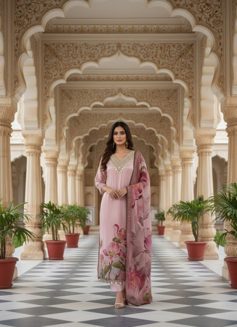 Light Pink Salwar Kameez with Embroidery & Printed Dupatta
