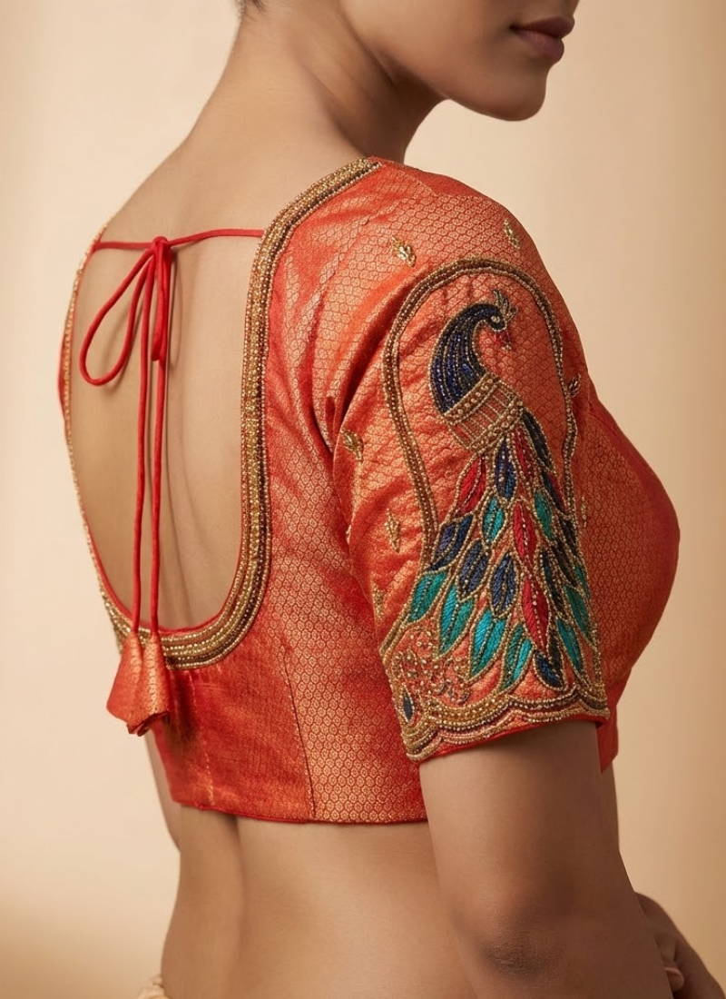 Women’s Banarasi silk blouse with heavy handwork, sequence and codding thread work, available in 3 colors.