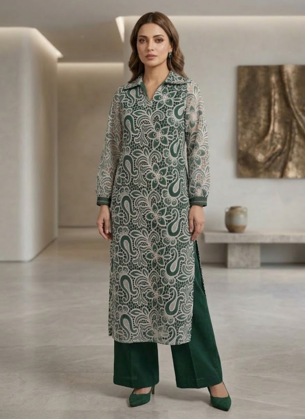 Bottle Green Silk Chikankari Co‑Ord Set with Divider Bottom