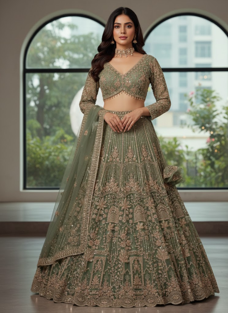 Premium Net Lehenga with Sequins Coding Work & Dupatta – Semi Stitched