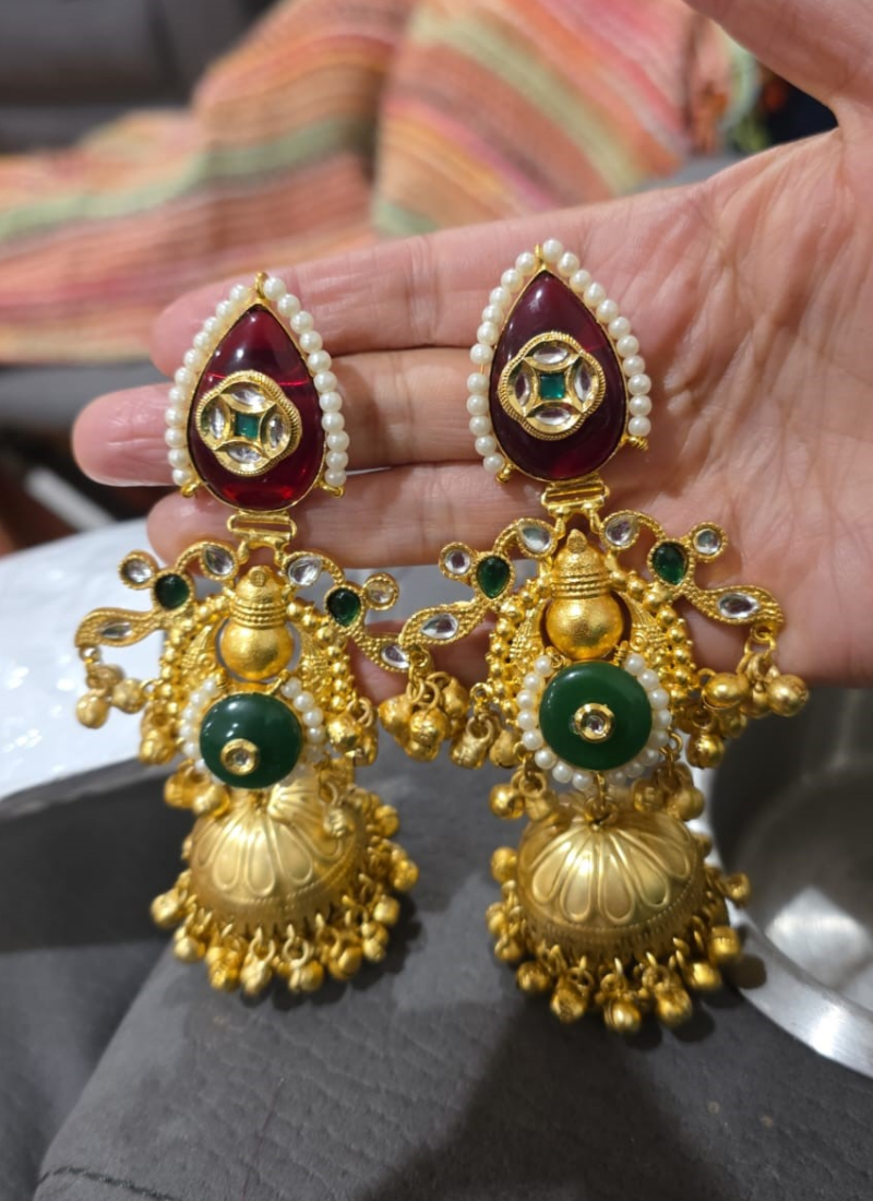 Red Green Golden Kashmiri Earrings - View 6