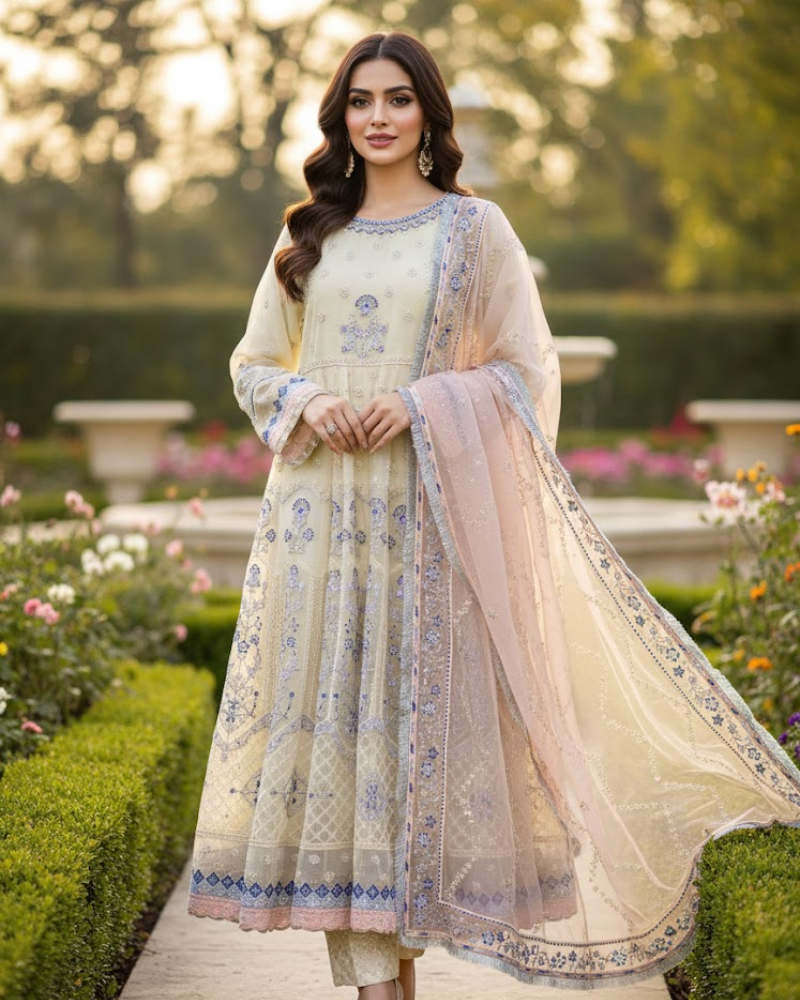 Beige Organza Pakistani Anarkali Dress – Pearl & Stone Embroidery