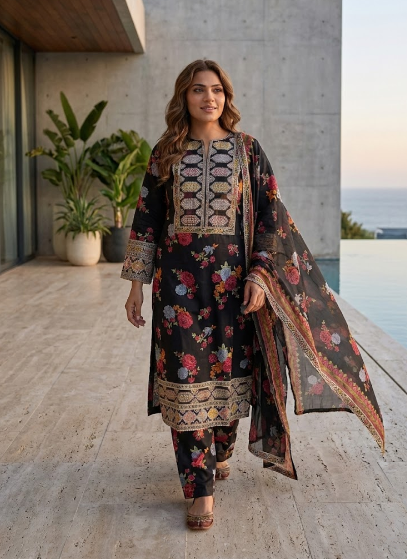 Women’s lawn cotton salwar kameez with chiffon dupatta, embroidered sleeves, and festive detailing.