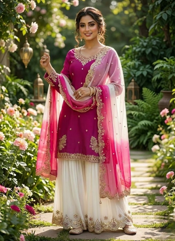 French Crepe Salwar Suit with Organza Dupatta