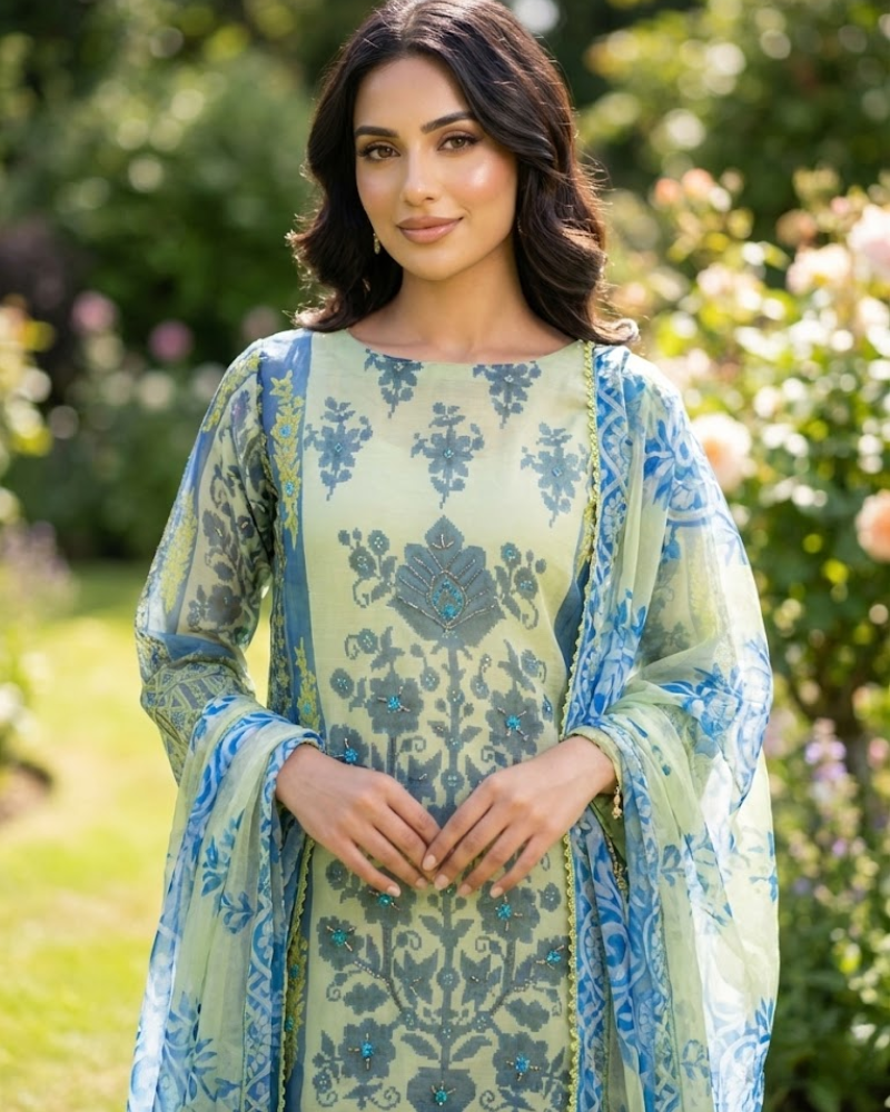 Green & Blue Organza Salwar Suit – Floral Print & Pipe Work