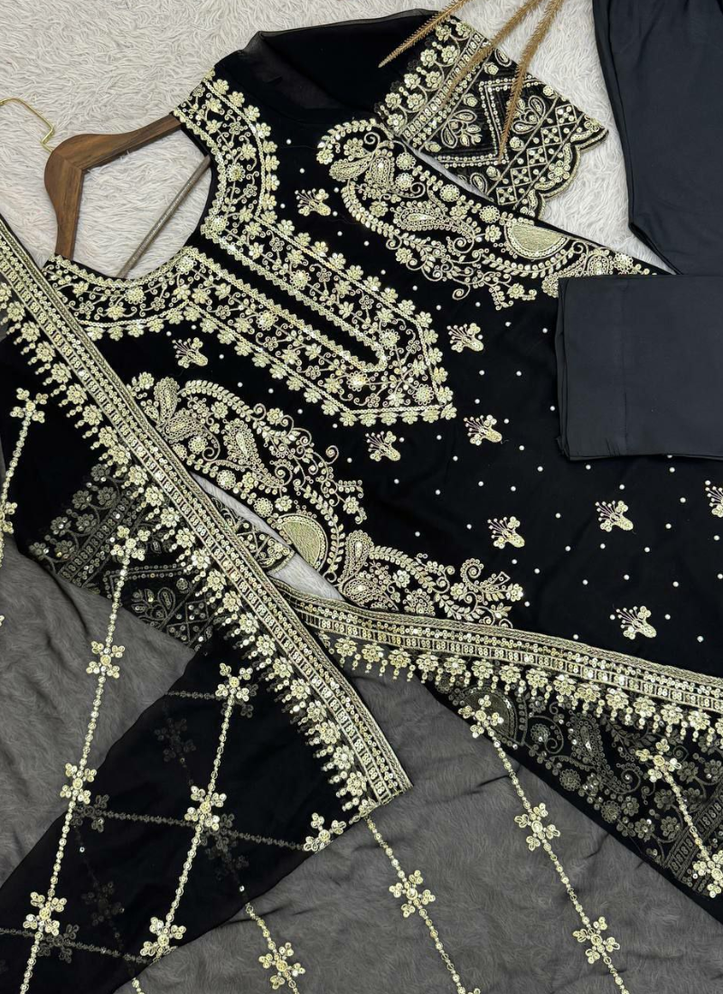 Faux Georgette Straight Punjabi Suit with Sequins & Moti Embroidery + Dupatta