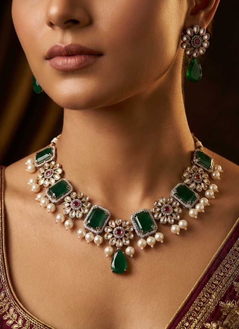 Green Stone Necklace Set with Earrings – Pearl Stone