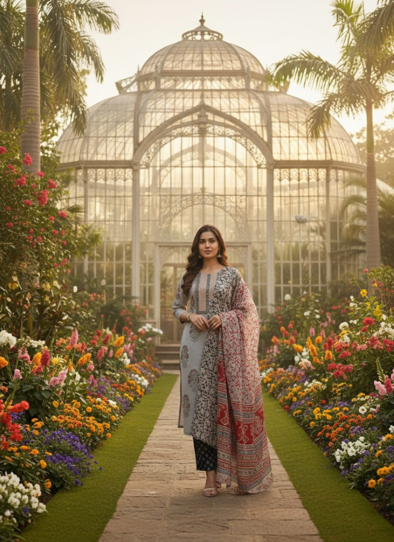 Cotton Block Printed Salwar Suit – Ash & Red