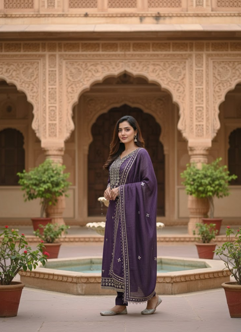 Dark Purple Silk Salwar Suit with Mirror Work Dupatta