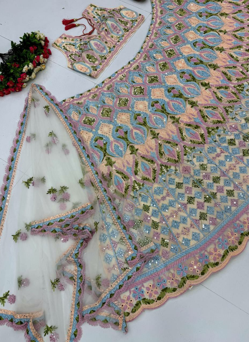 Soft Net Lehenga Choli with Mirror Embroidery