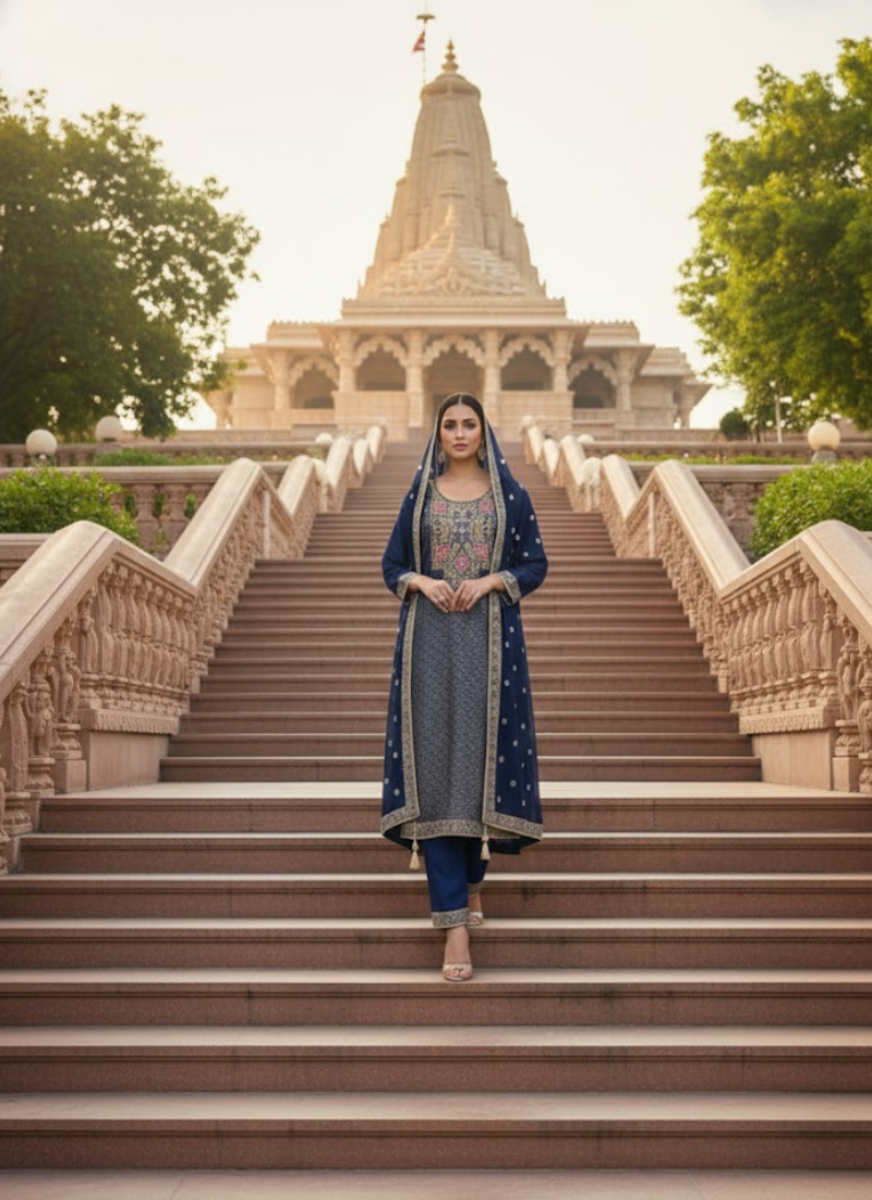 Jacquard Banarasi Salwar Suit – Hand Embroidery & Chiffon Dupatta