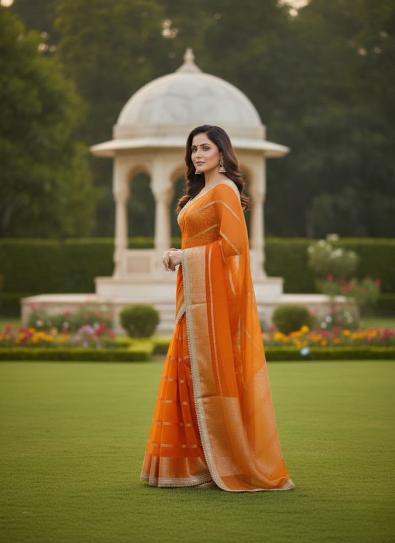 Banarasi Organza Saree with Blouse – Fanta Orange