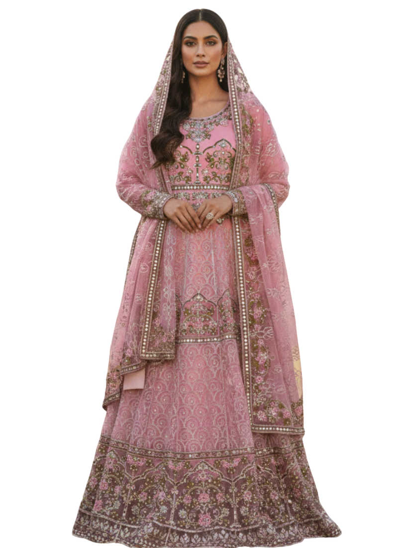 Pink Pakistani Anarkali Suit – Net Fabric with Embroidery