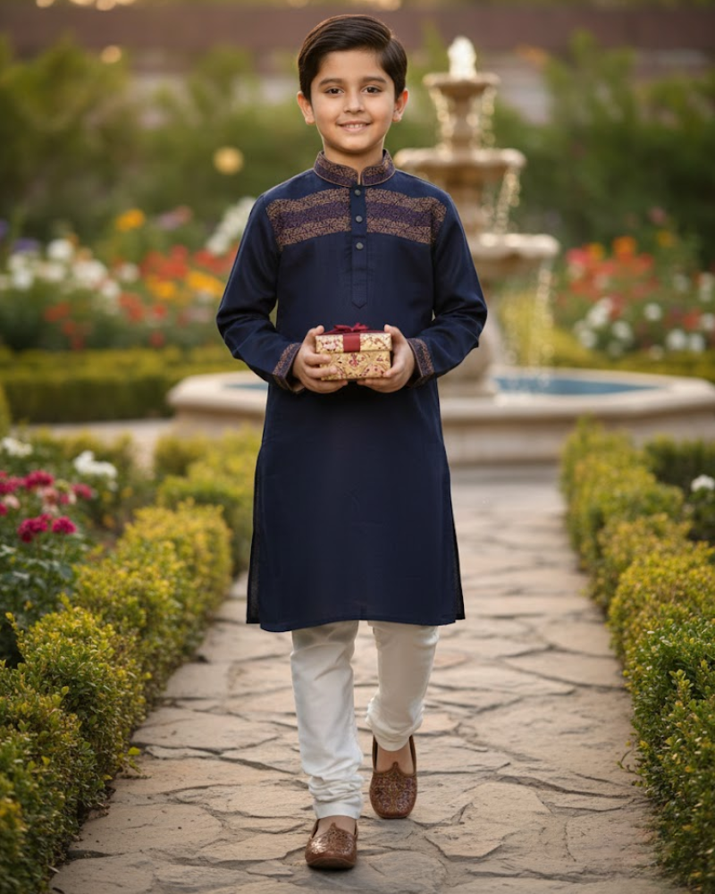 Kids Navy Blue Linen Kurta with Embroidery & White Cotton Pyjama