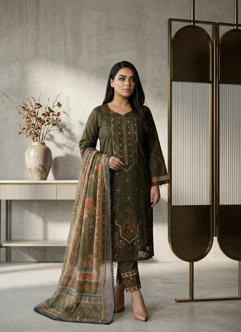 Dark Green Organza Salwar Suit with Pearl Work - View 6