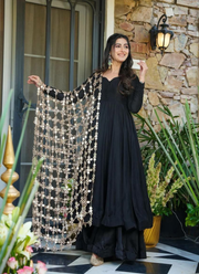 Roman Silk Anarkali Gown with Palazzo + Real Mirror Dupatta (Black) 4