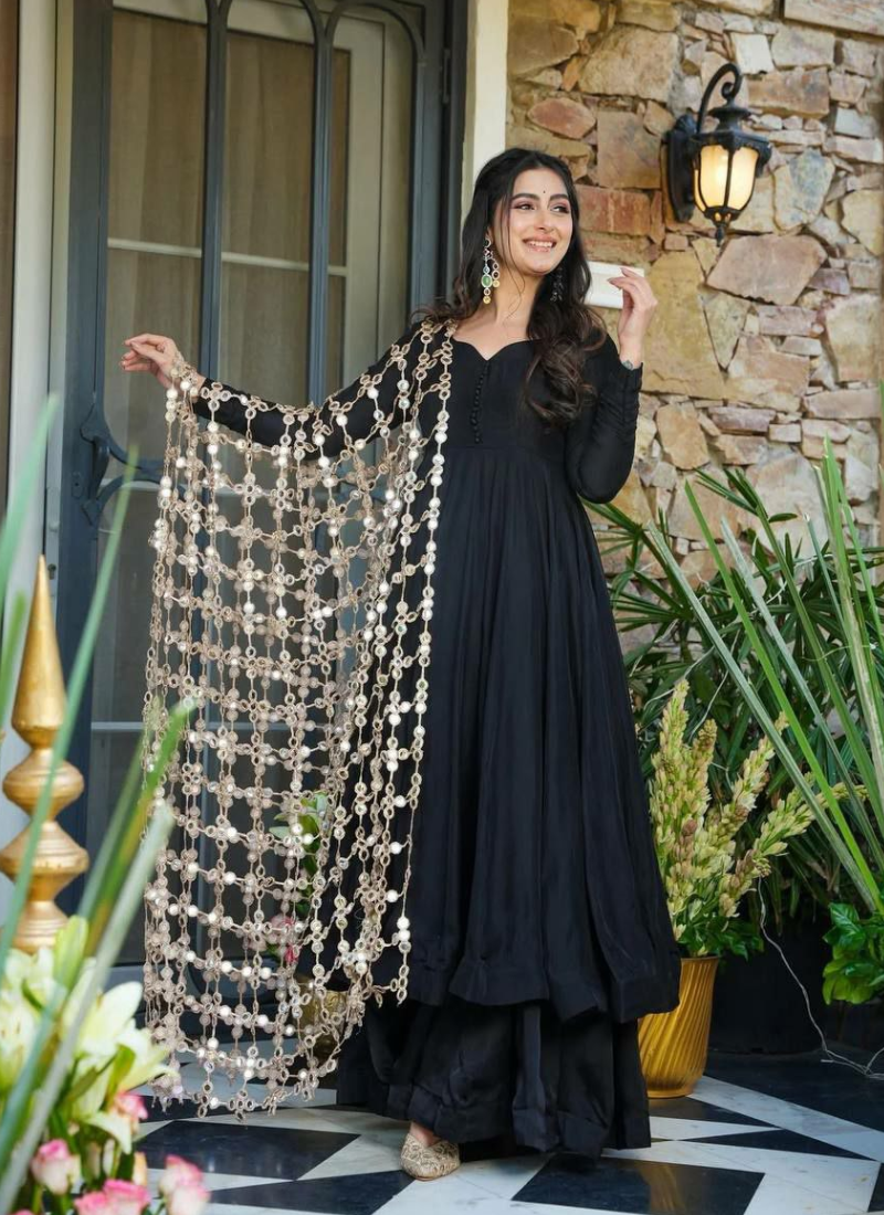 Roman Silk Anarkali Gown with Palazzo + Real Mirror Dupatta (Black)