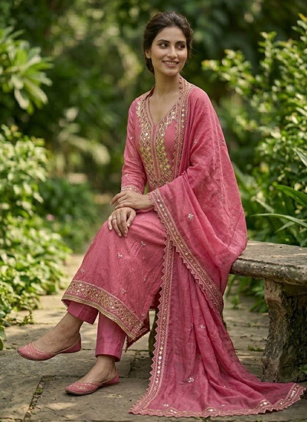 Pink Silk Salwar Suit with Mirror Work