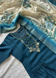 Morpich Roman Silk Punjabi Suit with Handwork & Lichi Silk Jacquard Dupatta 7