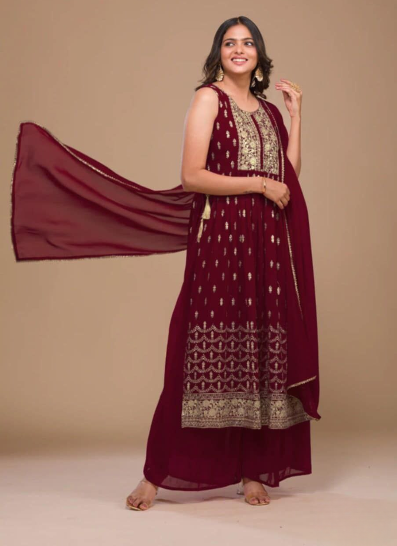 Georgette Sharara/Gharara Salwar Suit - Embroidery & Dupatta