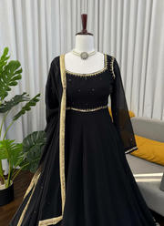Black Anarkali Salwar Suit in Faux Georgette with Handwork & Diamond Lace Dupatta 8