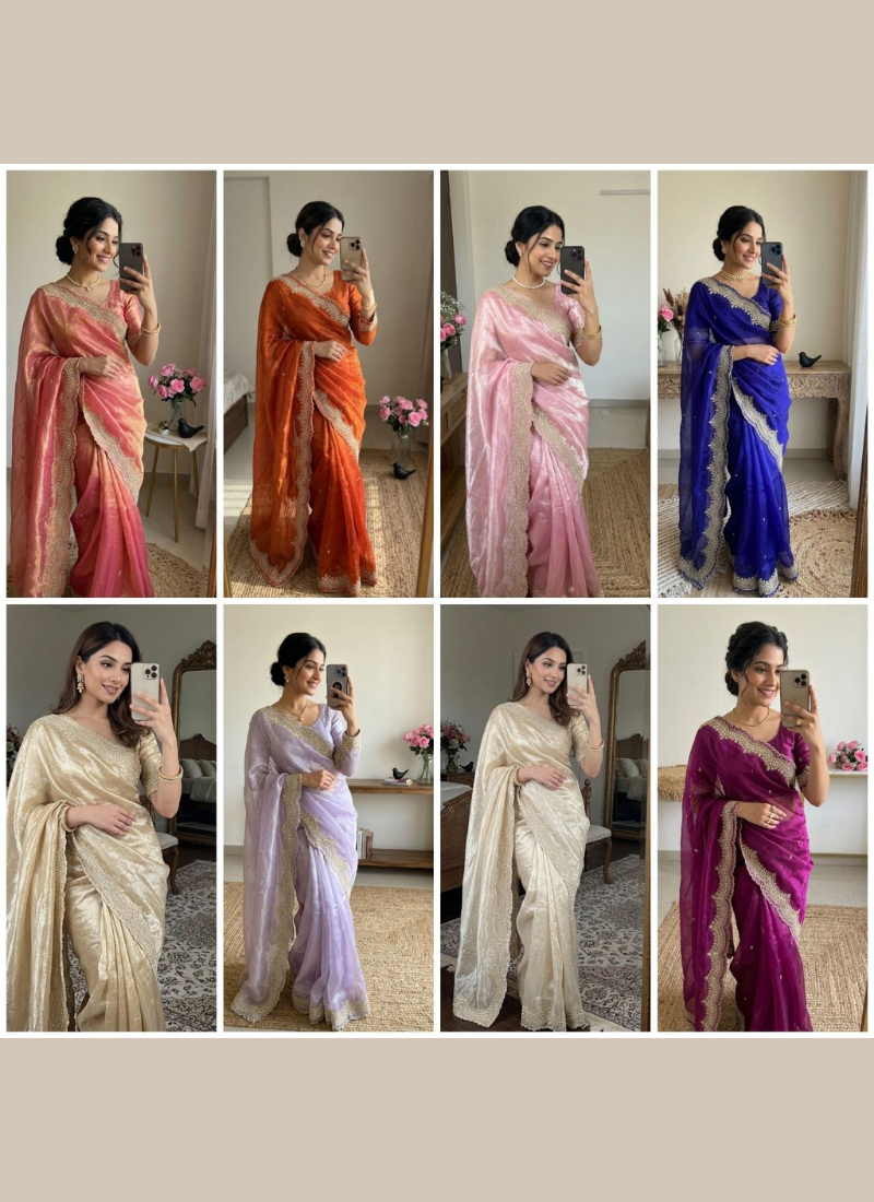 Fendy Satin Silk Saree – Gold Embroidery with Pearl Detailing & Matching Blouse